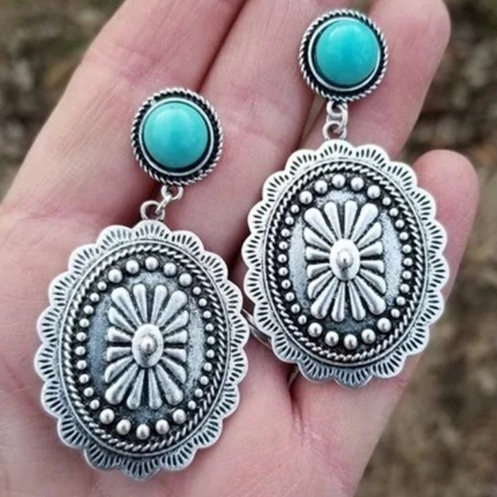 Concho Earrings. Dangle Faux Turquoise. Cowgirl Country Western Rodeo